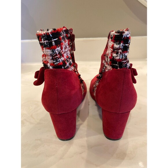 Allegra K Booties Tweed Plaid Faux Suede Ankle Boots Burgundy Sz 7 Chunky Heel - Picture 6 of 12